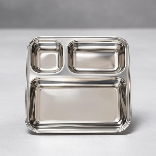 Stainless Steel Thali Plate with 3 Compartments – Premium Quality Indian Dinner Tray | Mess Tray | School Lunch Plate | Curry & Tiffin Plate