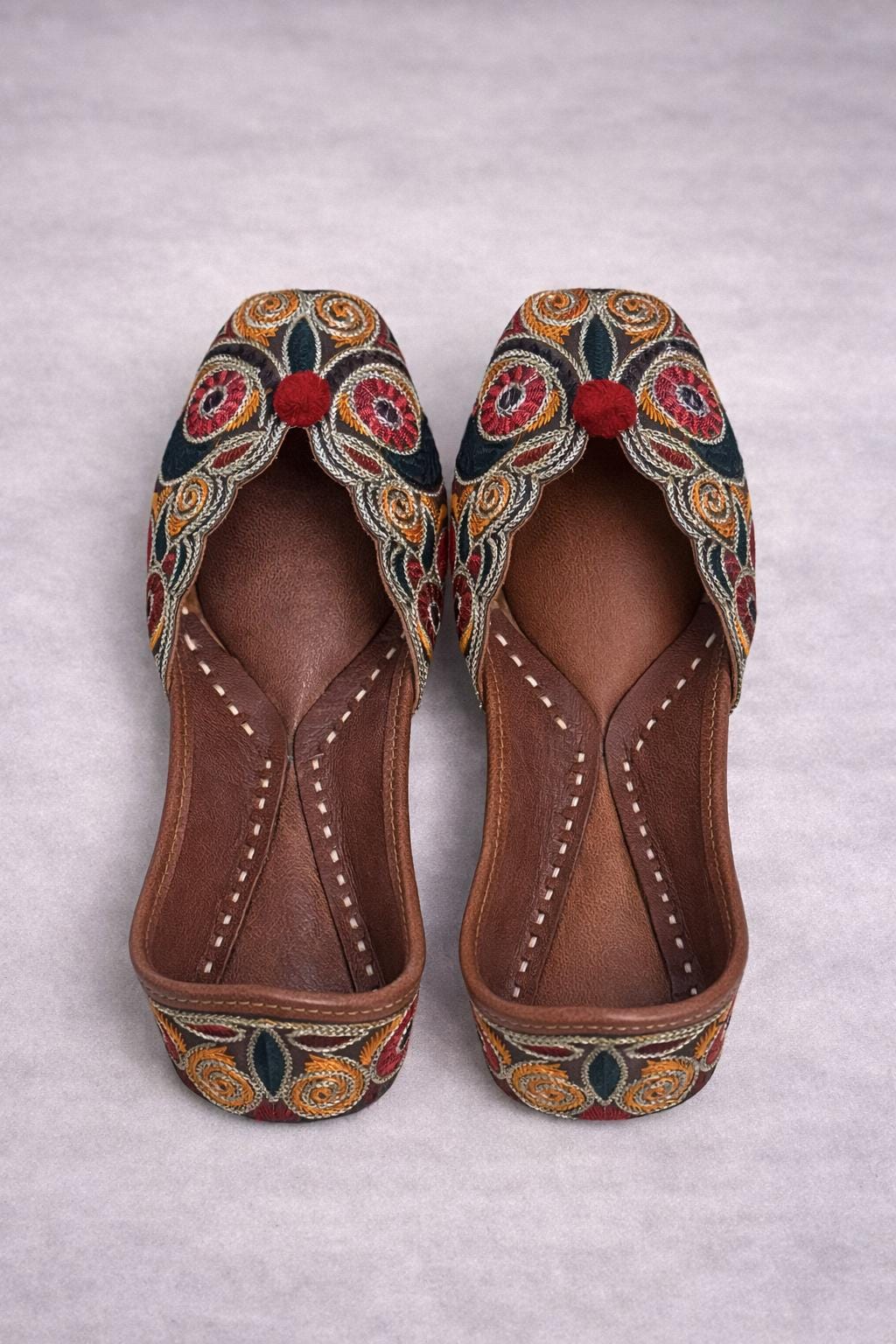Handcrafted Punjabi Jutti for Women | brown multi coloured Mirror Work Indian Jutti | Traditional Moja Flats