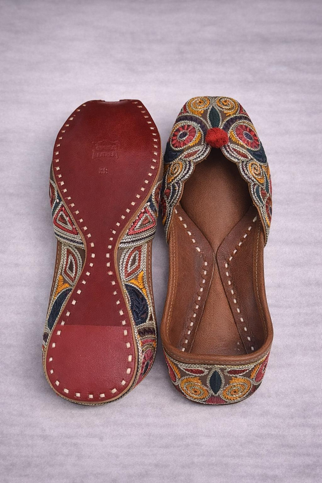 Handcrafted Punjabi Jutti for Women | brown multi coloured Mirror Work Indian Jutti | Traditional Moja Flats