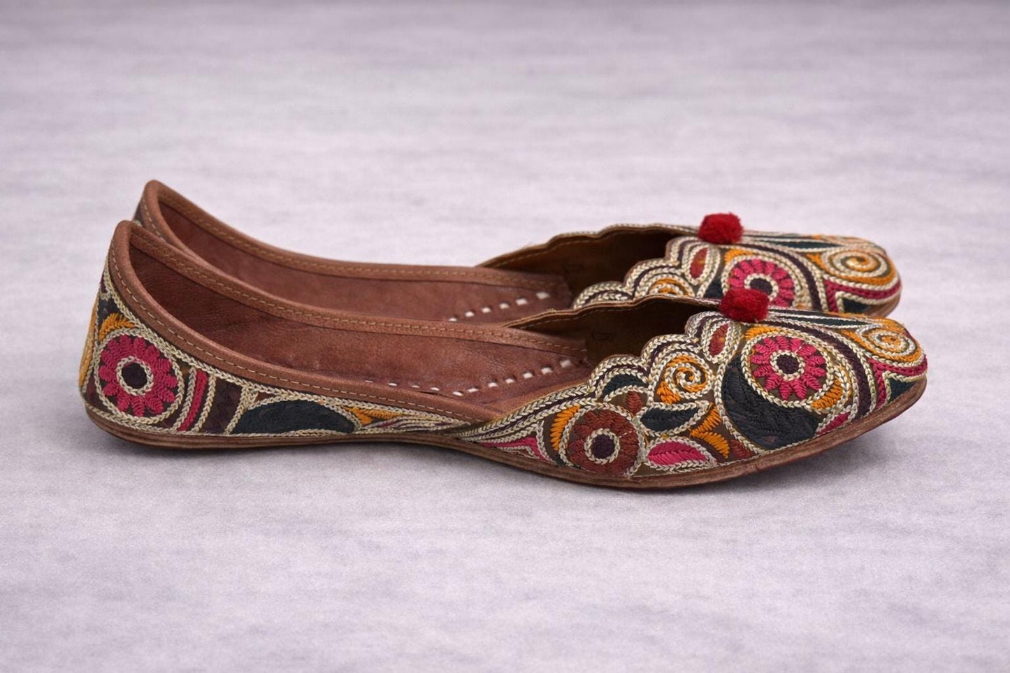 Handcrafted Punjabi Jutti for Women | brown multi coloured Mirror Work Indian Jutti | Traditional Moja Flats