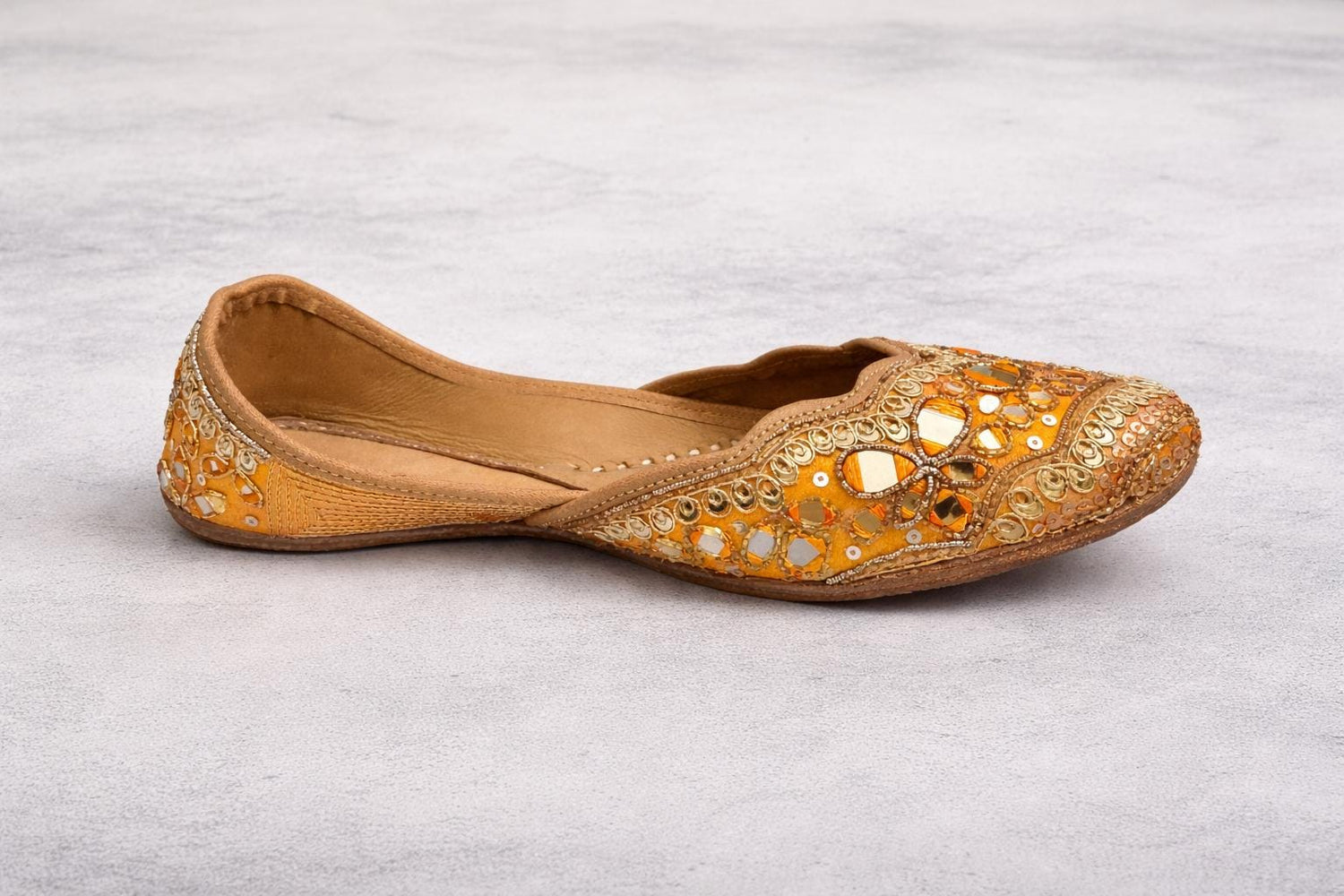 Handcrafted Punjabi Jutti shoes for Women | orange Mirror Work Indian Jutti | Traditional Moja Flats