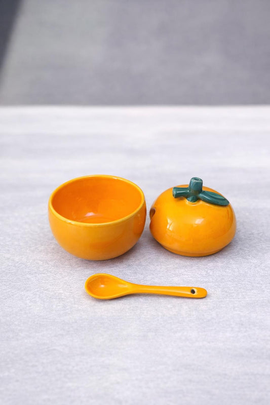 Orange Ceramic Pot with Lid & Spoon | Fruit Shaped Storage Jar | Jam Sugar Honey Pot | Cute Kitchen Decor Gift