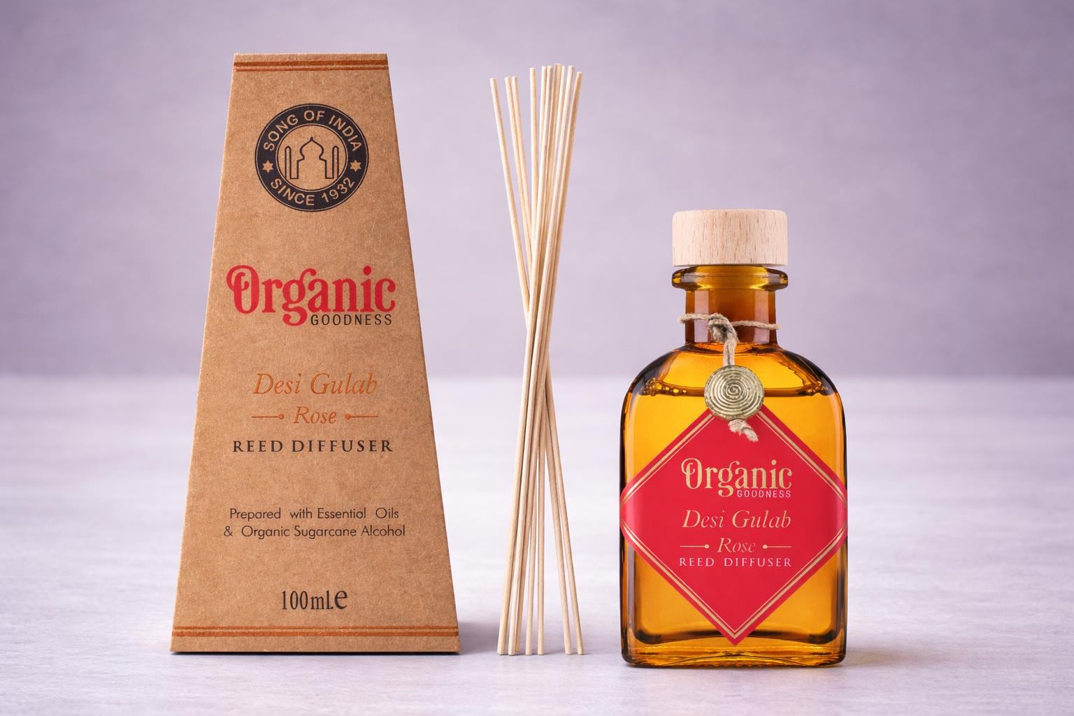 Desi Gulab Rose Reed Diffuser: Organic Essential Oil Home Fragrance (100ml)